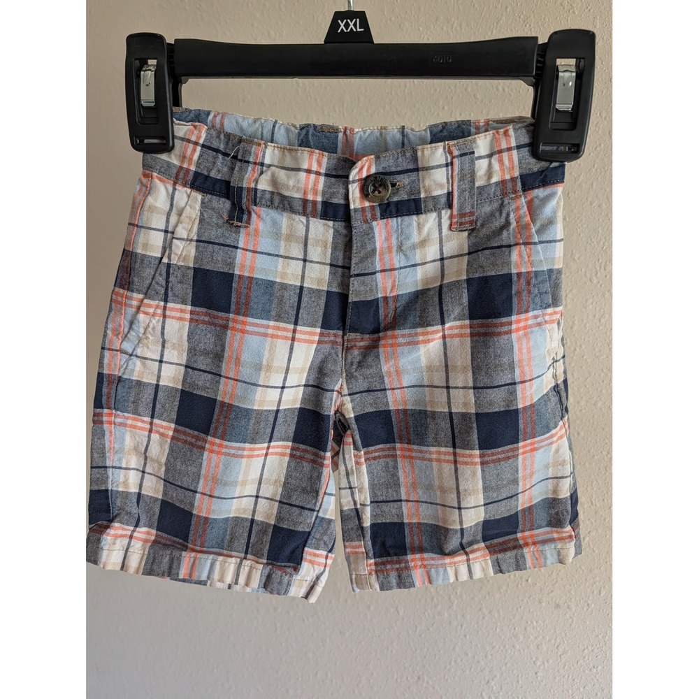 Janie and Jack Boys Plaid Shorts Navy Blue Orange Adjustable Waist Cotton 2t